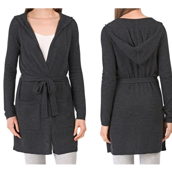 Tahari Sweaters - NWT TAHARI 100% Cashmere Cardigan Hooded Charcoal Gray Lounge Robe XL